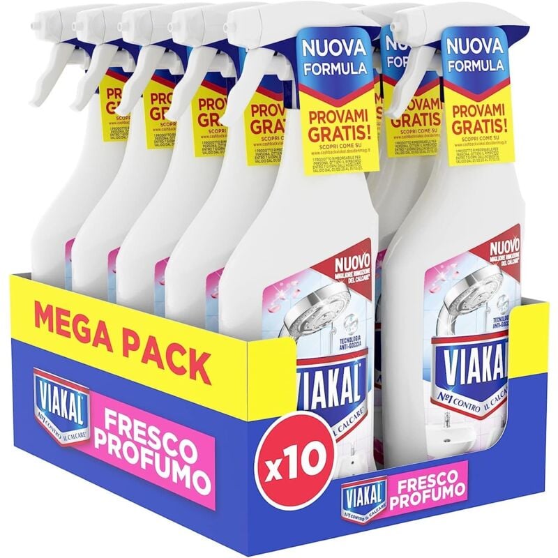 foto del prodotto viakal fresco profumo spray anticalcare, confezione da 10 x 470ml, fragranza rosa di primavera, tecnologia anti goccia, elimina fino al 100 di