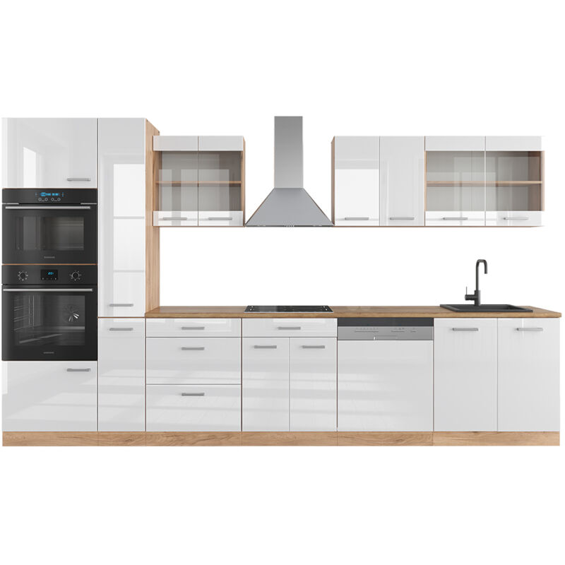 foto del prodotto vicco angolo cottura r line, bianco lucido oro power oak, 350 cm con armadio alto, pl rovere