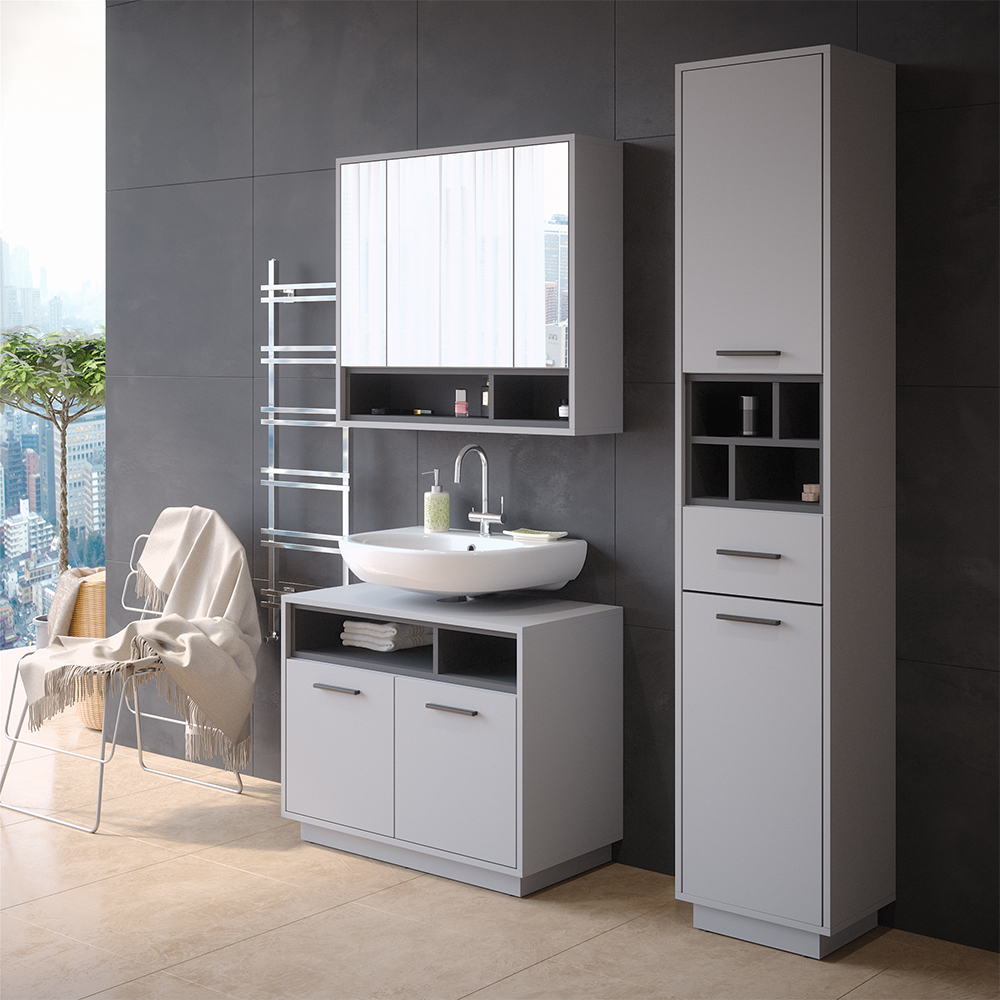 foto del prodotto vicco armadio per il bagno beatrice, grigio antracite, 38 x 190 cm con ante, cassetto e vani a giorno