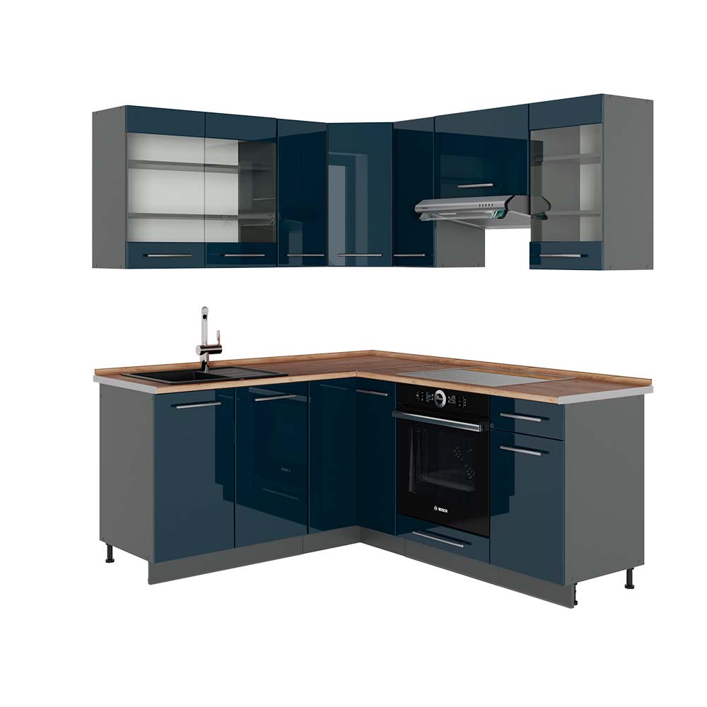 foto del prodotto vicco cucina ad angolo blu scuro lucido antracite 160.5 x 190 cm , pl rovere