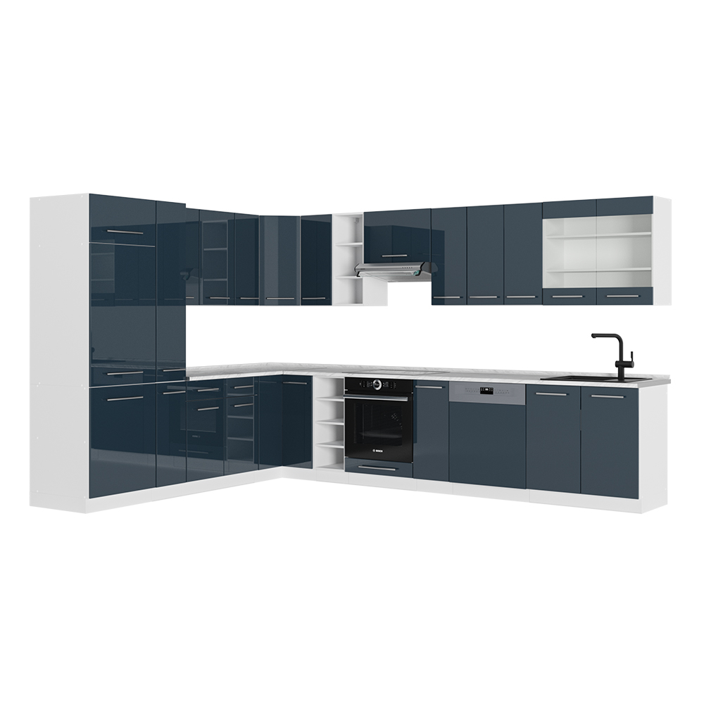 foto del prodotto vicco cucina ad angolo blu scuro lucido bianco 347 x 58.1 cm senza piano di lavoro