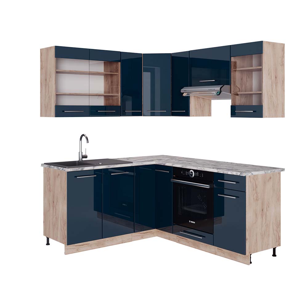 foto del prodotto vicco cucina ad angolo blu scuro lucido rovere dorato 160.5 x 190 cm , pl marmo