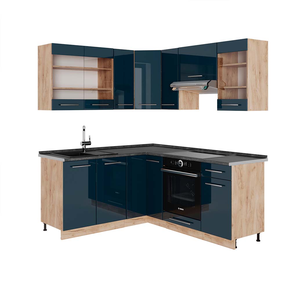 foto del prodotto vicco cucina ad angolo blu scuro lucido rovere dorato 160 x 190 cm , pl antracite