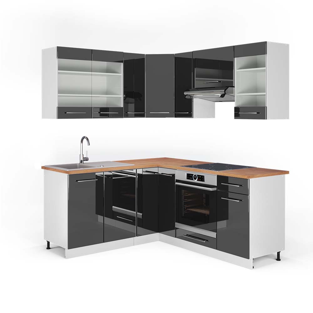 foto del prodotto vicco cucina angolare completa antracite lucido bianco 160 x 190 cm , pl rovere