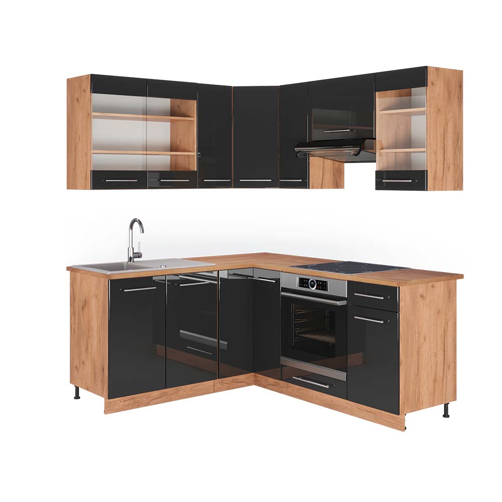 foto del prodotto vicco cucina angolare completa antracite lucido oro power oak 160 x 190 cm , pl rovere
