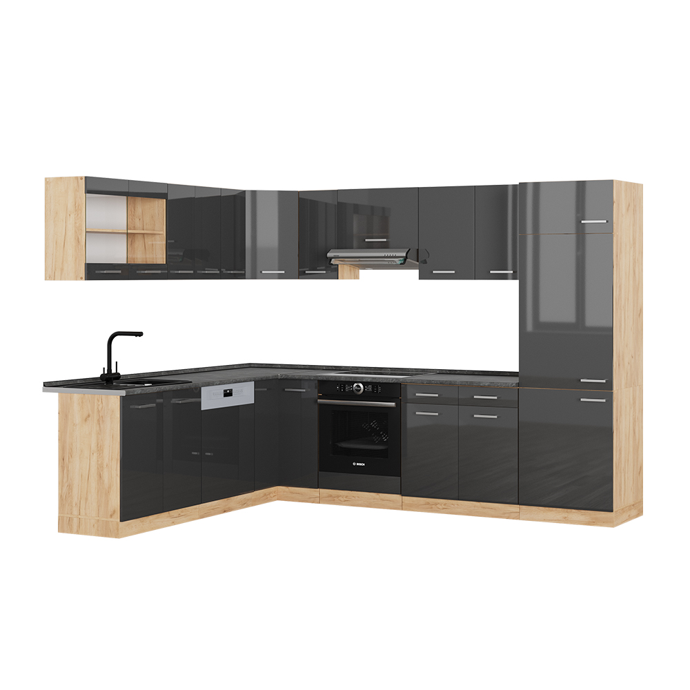foto del prodotto vicco cucina angolare completa antracite lucido oro power oak 227 x 287 cm , pl antracite