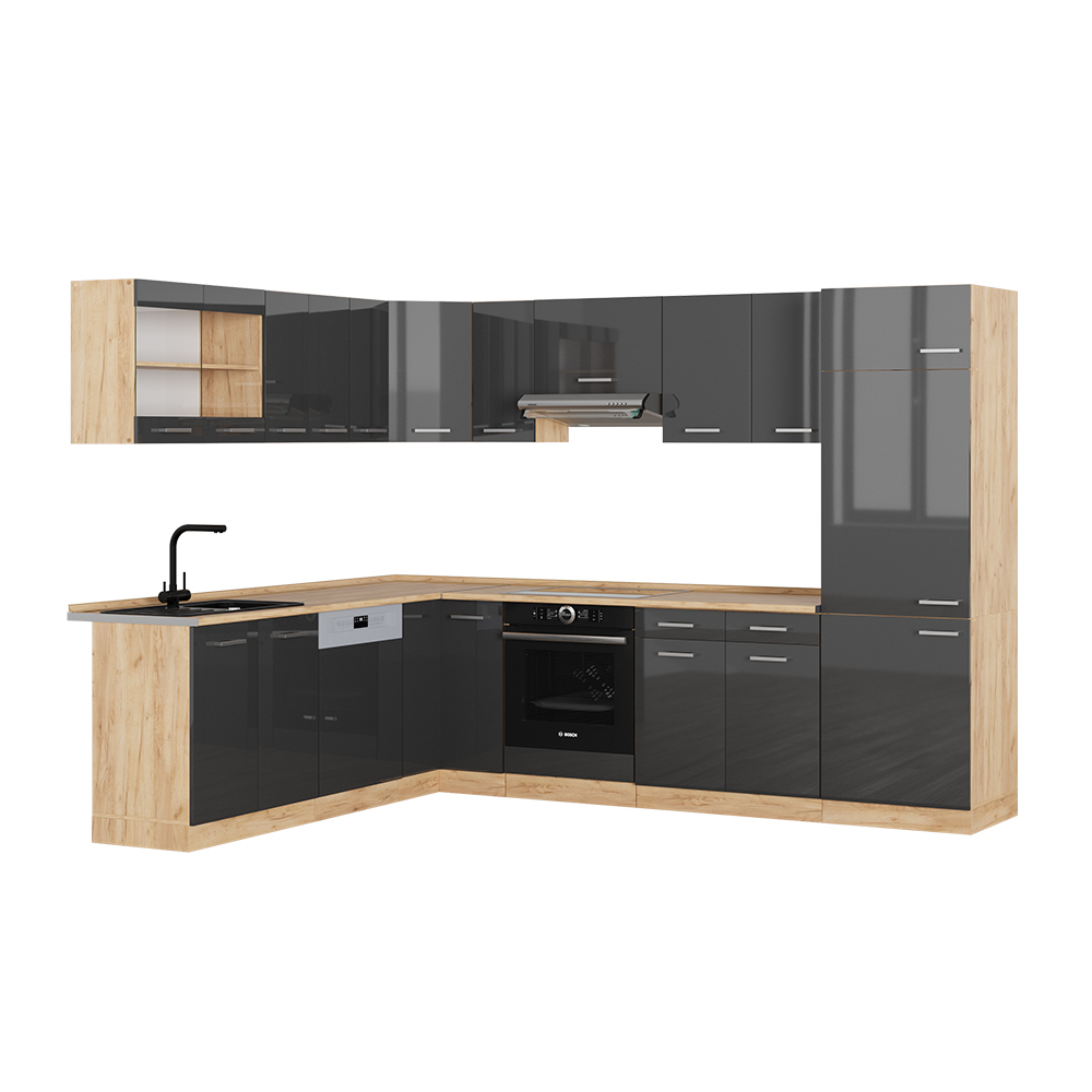 foto del prodotto vicco cucina angolare completa antracite lucido oro power oak 227 x 287 cm senza piano di lavoro