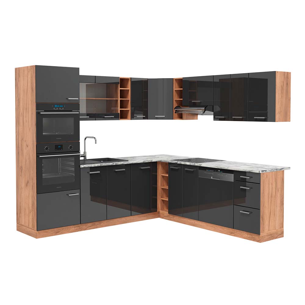 foto del prodotto vicco cucina angolare completa antracite lucido/oro power oak 237 x 247 cm , pl marmo
