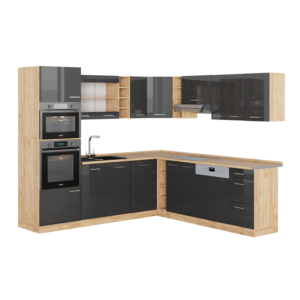 foto del prodotto vicco cucina angolare completa antracite lucido oro power oak 237 x 247 cm , pl rovere