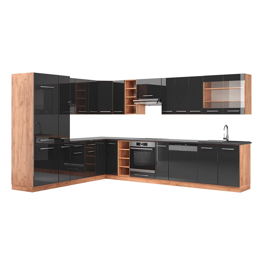 foto del prodotto vicco cucina angolare completa antracite lucido oro power oak 347 x 257 cm , pl antracite