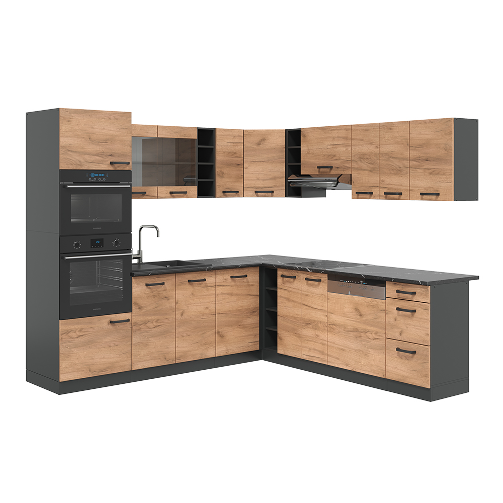 foto del prodotto vicco cucina angolare completa antracite/quercia dorata 237 x 247 cm , pl antracite