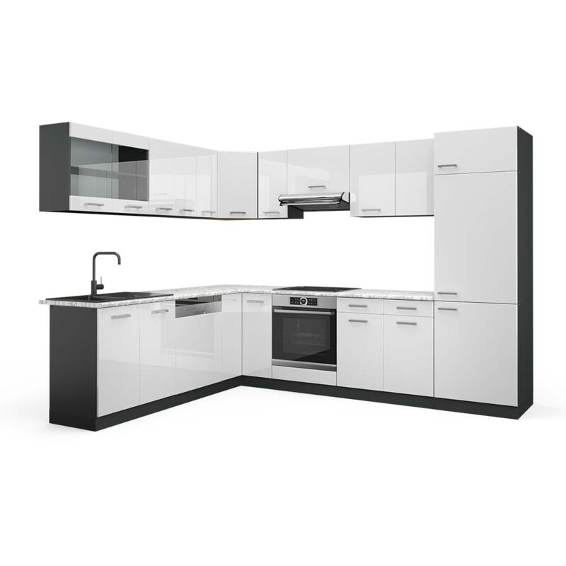 foto del prodotto vicco cucina angolare completa bianco lucido antracite 227 x 287 cm , pl marmo