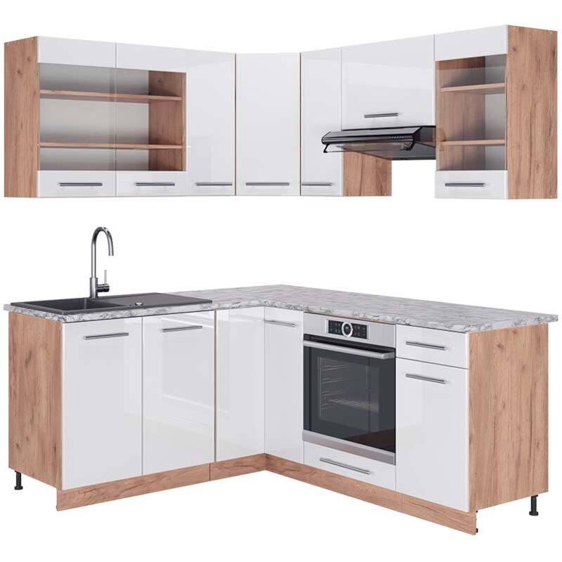 foto del prodotto vicco cucina angolare completa bianco lucido oro power oak 160 x 190 cm , pl marmo