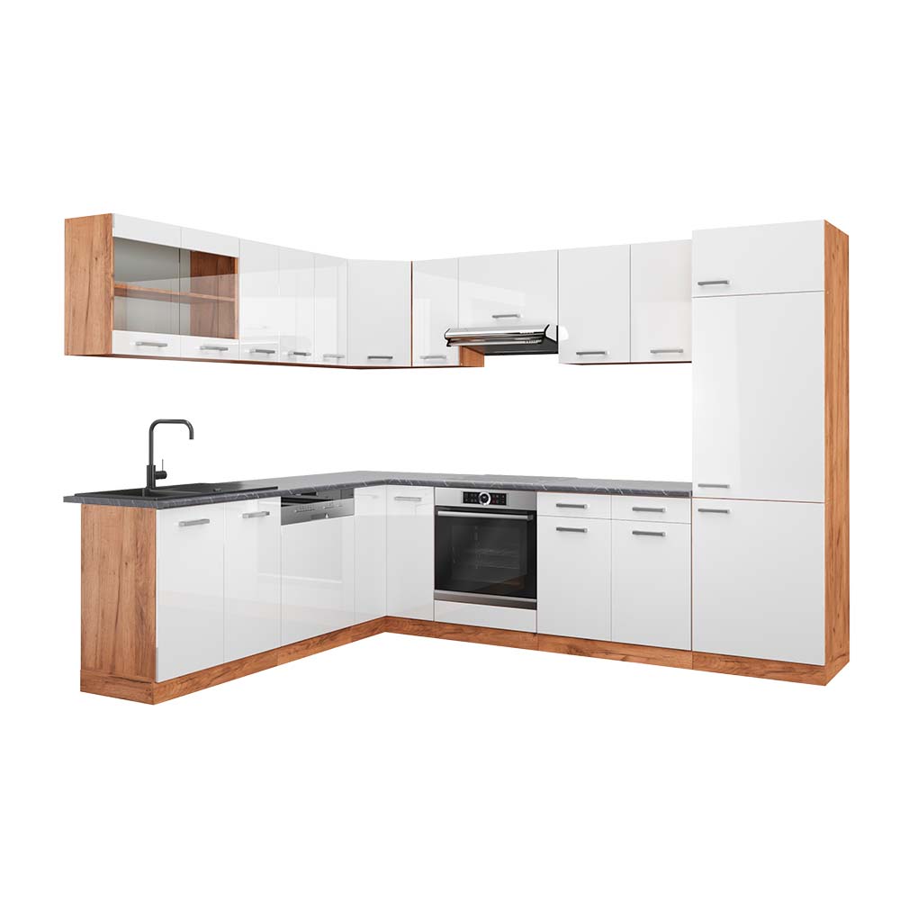 foto del prodotto vicco cucina angolare completa bianco lucido oro power oak 227 x 287 cm , pl antracite