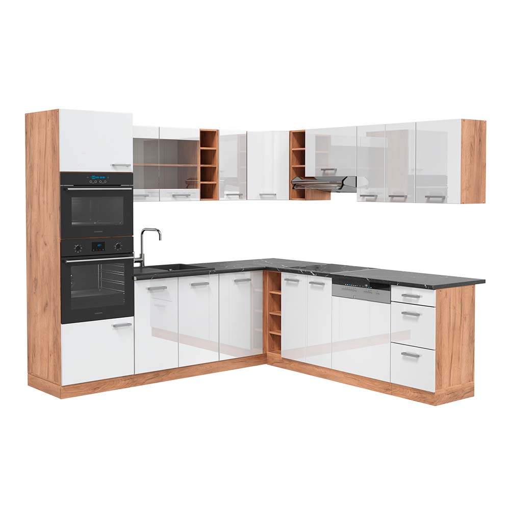 foto del prodotto vicco cucina angolare completa bianco lucido oro power oak 237 x 247 cm , pl antracite
