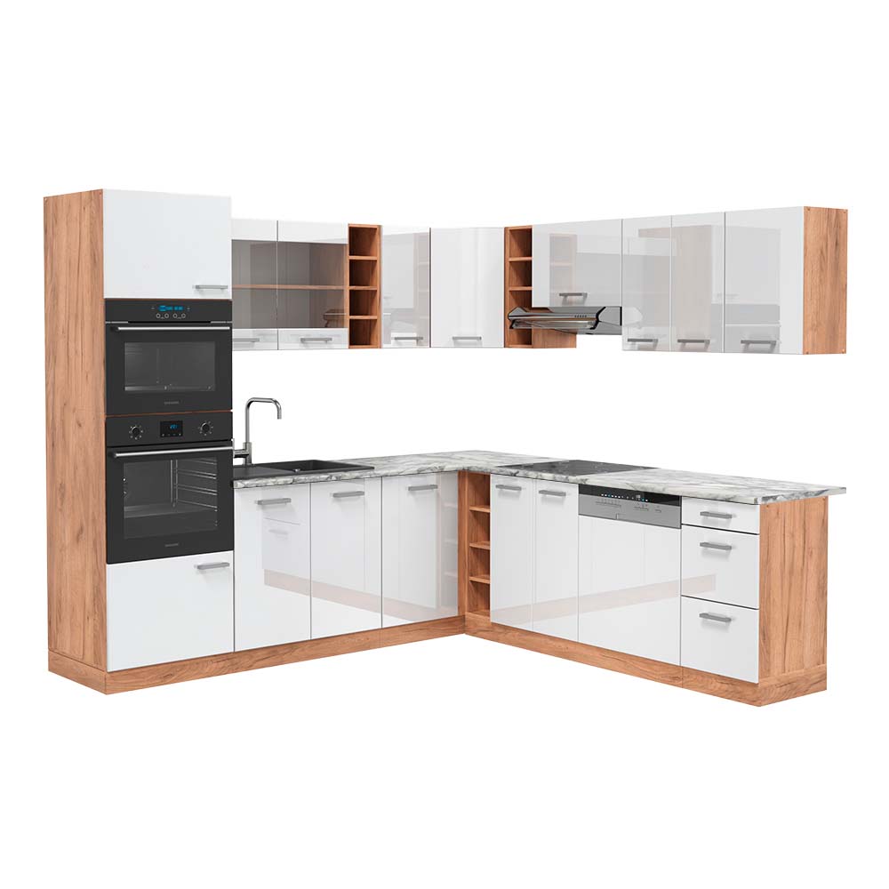 immagine 0 del prodotto vicco cucina angolare completa bianco lucido oro power oak 237 x 247 cm , pl marmo