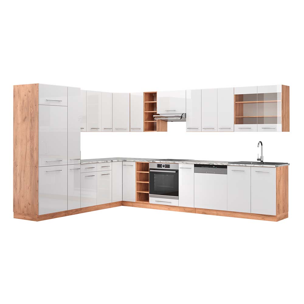 foto del prodotto vicco cucina angolare completa bianco lucido oro power oak 347 x 257 cm , pl marmo