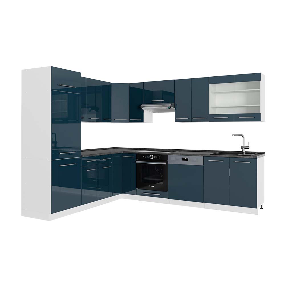 foto del prodotto vicco cucina angolare completa blu scuro lucido/bianco 287 x 227 cm , pl antracite
