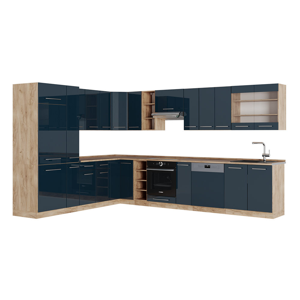 foto del prodotto vicco cucina angolare completa blu scuro lucido rovere dorato 257 x 60 cm , pl rovere