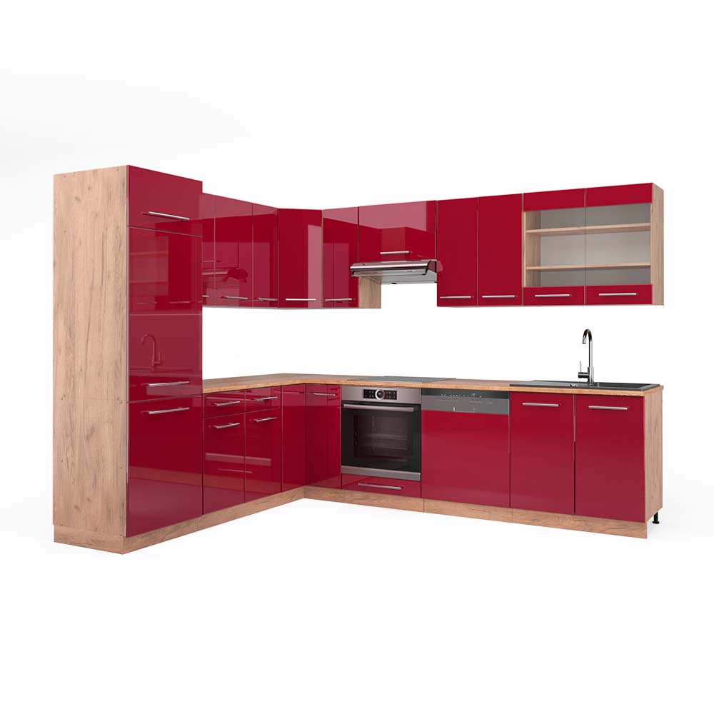 foto del prodotto vicco cucina angolare completa bordeaux lucido rovere dorato 227 x 287 cm , pl rovere