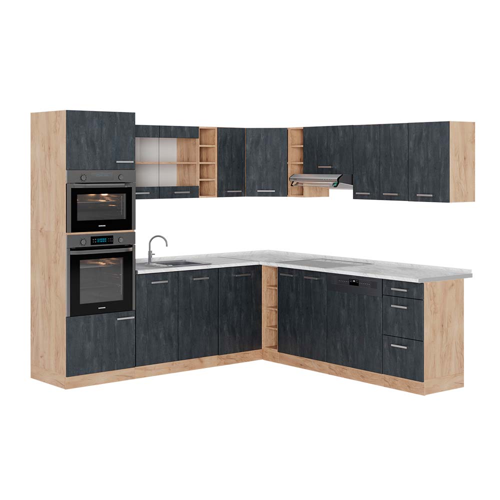 foto del prodotto vicco cucina angolare completa calcestruzzo nero quercia dorata 237 x 247 cm pl marmo