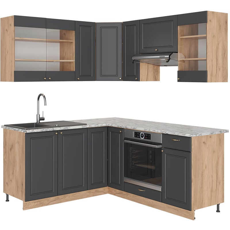 foto del prodotto vicco cucina angolare completa fame line, antracite country house oro kraft oak, 160 x 60 cm senza piano di lavoro