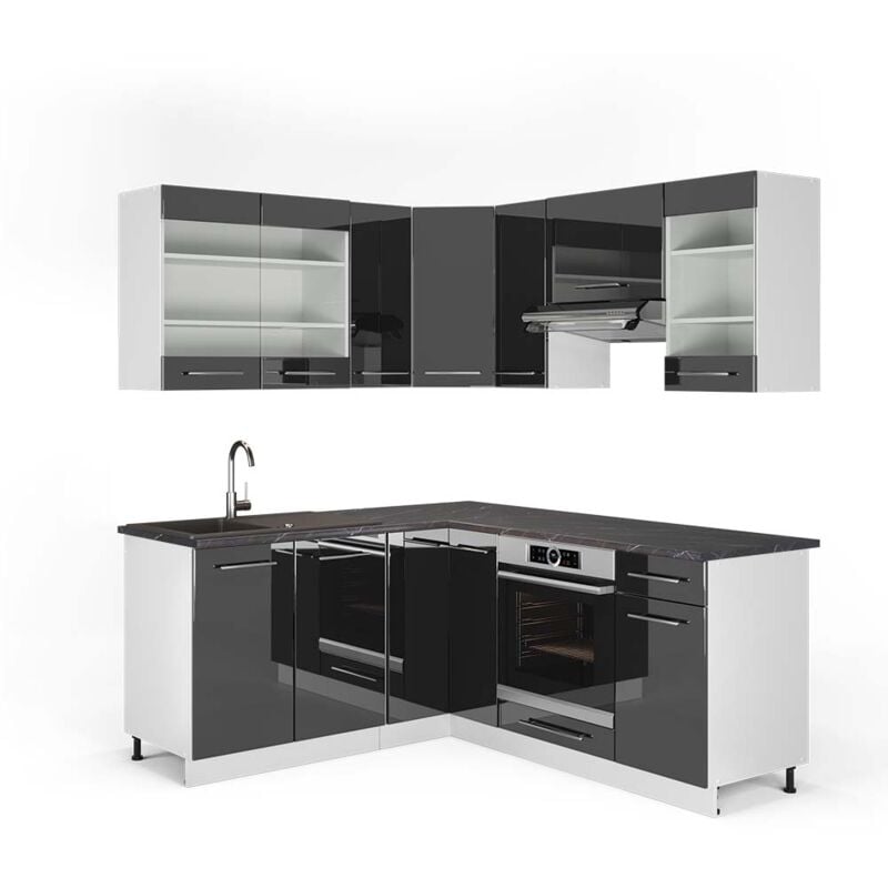 foto del prodotto vicco cucina angolare completa fame line, antracite lucido bianco, 160 x 190 cm , pl antracite