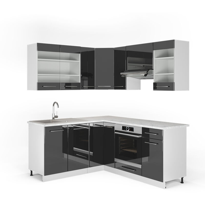 foto del prodotto vicco cucina angolare completa fame line, antracite lucido bianco, 160 x 190 cm , pl marmo
