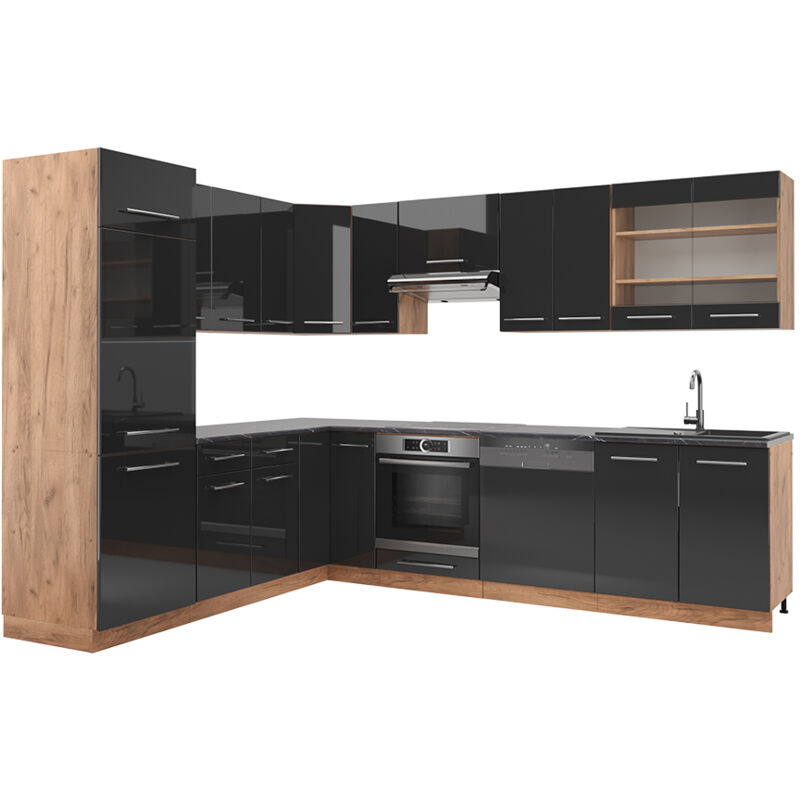foto del prodotto vicco cucina angolare completa fame line, antracite lucido oro power oak, 227 x 60 cm senza piano di lavoro