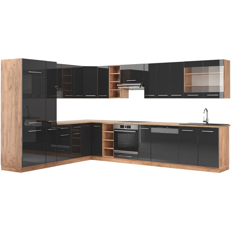 foto del prodotto vicco cucina angolare completa fame line, antracite lucido oro power oak, 347 x 257 cm senza piano di lavoro