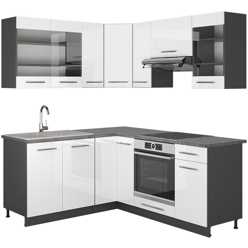 foto del prodotto vicco cucina angolare completa fame line, bianco lucido antracite, 160 x 190 cm , pl antracite