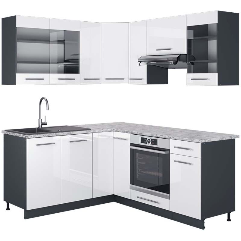 foto del prodotto vicco cucina angolare completa fame line, bianco lucido antracite, 160 x 190 cm , pl marmo