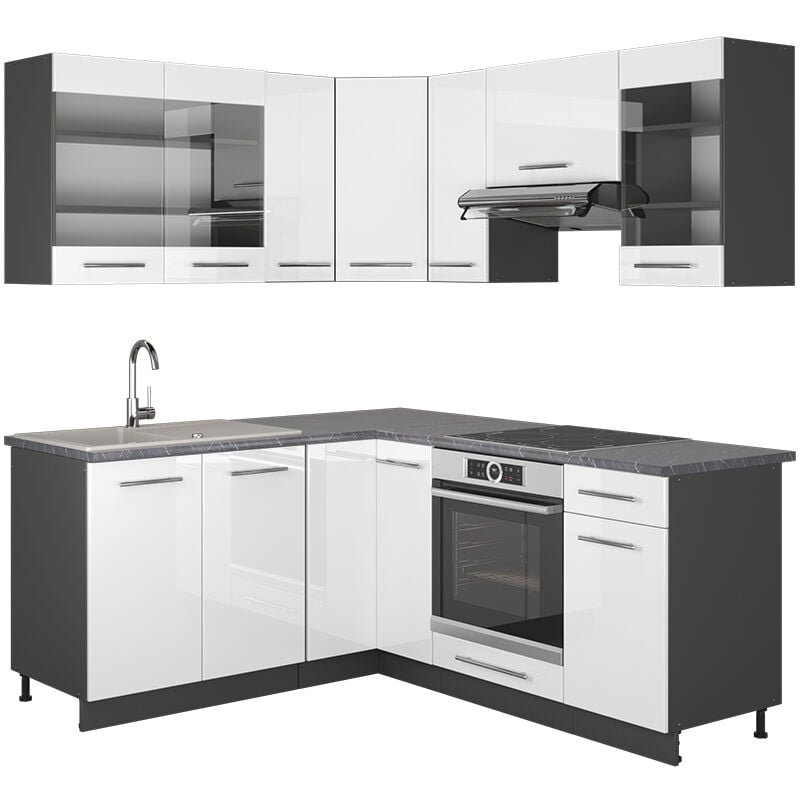 foto del prodotto vicco cucina angolare completa fame line, bianco lucido antracite, 160 x 60 cm senza piano di lavoro