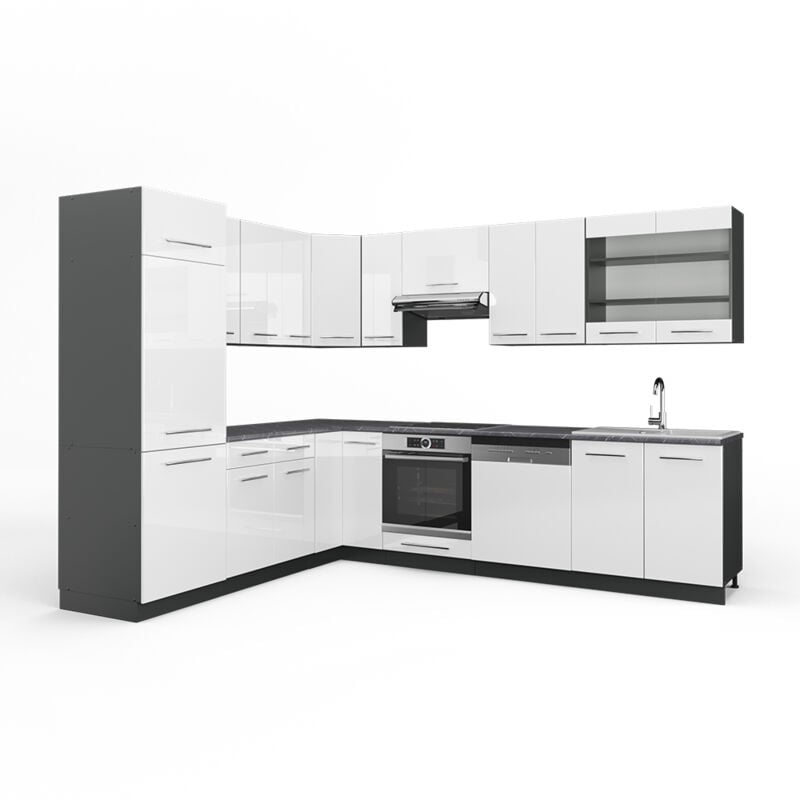 foto del prodotto vicco cucina angolare completa fame line, bianco lucido antracite, 227 x 287 cm , pl antracite