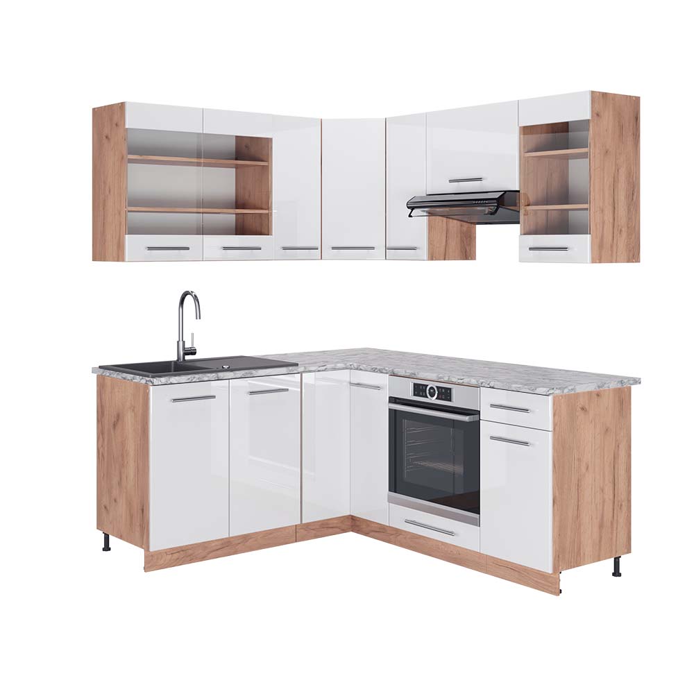foto del prodotto vicco cucina angolare completa fame line, bianco lucido oro power oak, 160 x 190 cm , pl marmo