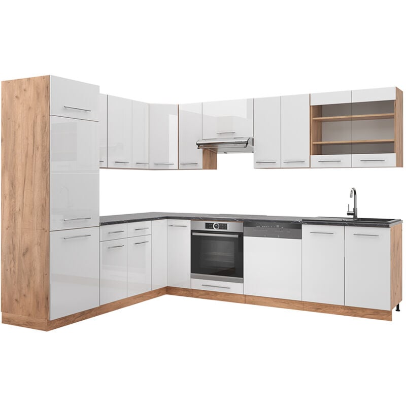 foto del prodotto vicco cucina angolare completa fame line, bianco lucido oro power oak, 227 x 60 cm senza piano di lavoro