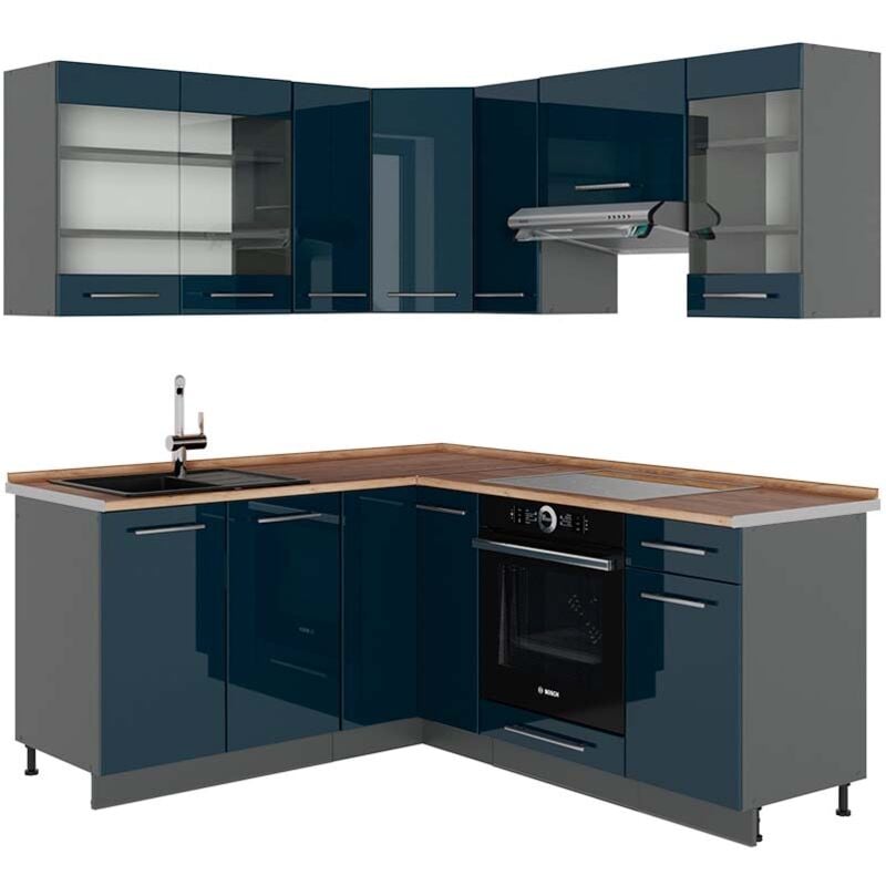 foto del prodotto vicco cucina angolare completa fame line, blu scuro lucido antracite, 160 x 190 cm , pl rovere