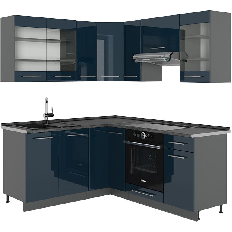 foto del prodotto vicco cucina angolare completa fame line, blu scuro lucido antracite, 160 x 60 cm senza piano di lavoro