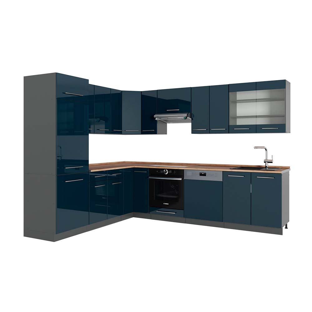 foto del prodotto vicco cucina angolare completa fame line, blu scuro lucido antracite, 227 x 287 cm , pl rovere