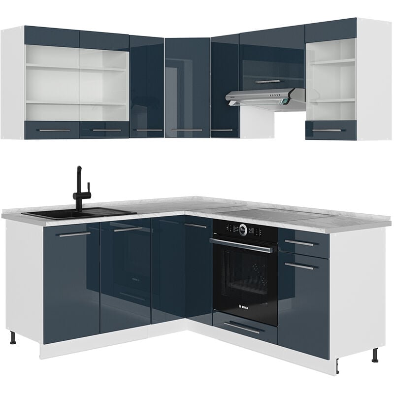 foto del prodotto vicco cucina angolare completa fame line, blu scuro lucido bianco, 160 x 60 cm senza piano di lavoro