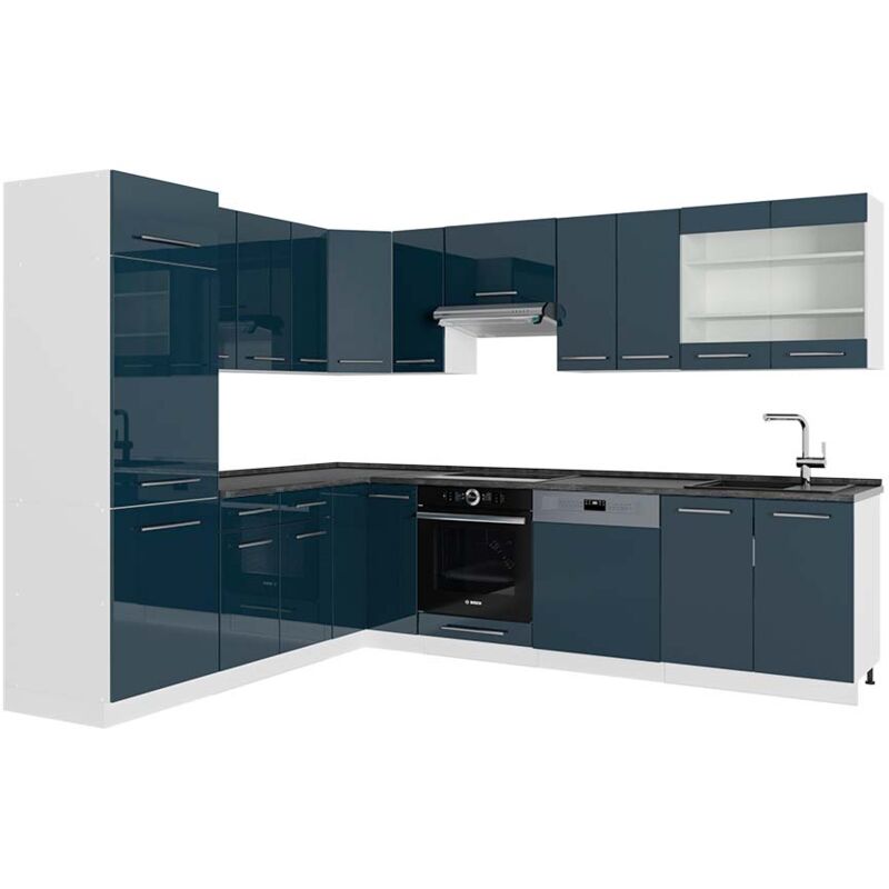 foto del prodotto vicco cucina angolare completa fame line, blu scuro lucido bianco, 287 x 227 cm , pl antracite