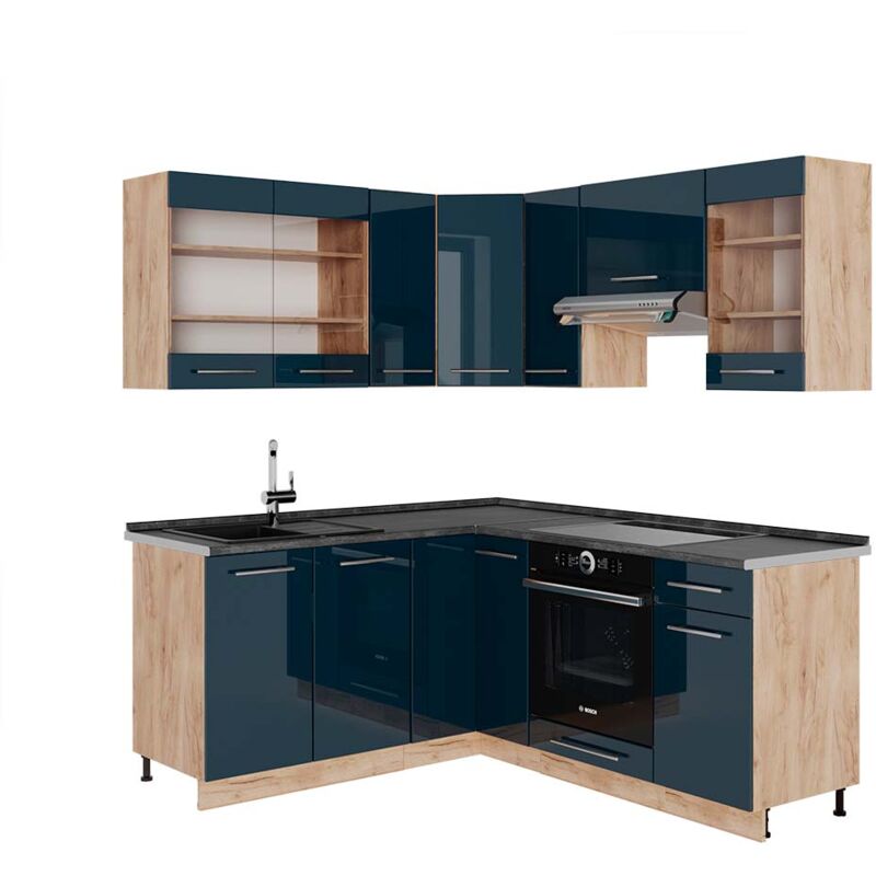 foto del prodotto vicco cucina angolare completa fame line, blu scuro lucido rovere dorato, 160 x 190 cm , pl antracite