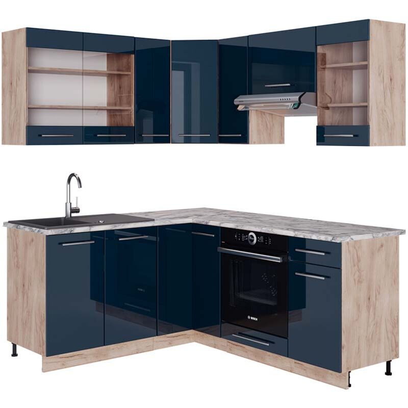 foto del prodotto vicco cucina angolare completa fame line, blu scuro lucido rovere dorato, 160 x 190 cm , pl marmo