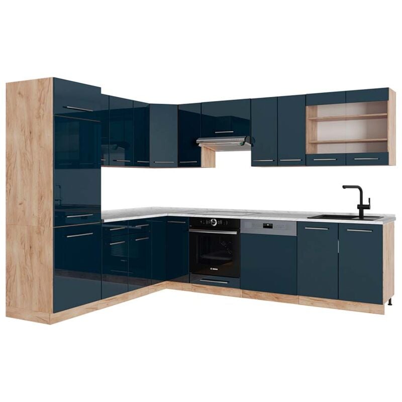 foto del prodotto vicco cucina angolare completa fame line, blu scuro lucido rovere dorato, 227 x 287 cm , pl marmo