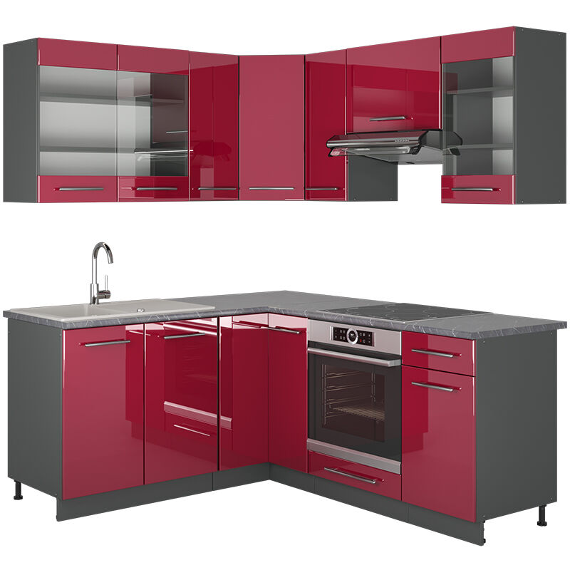 foto del prodotto vicco cucina angolare completa fame line, bordeaux lucido antracite, 160 x 60 cm senza piano di lavoro