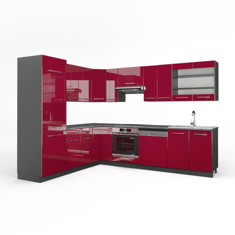 foto del prodotto vicco cucina angolare completa fame line, bordeaux lucido antracite, 227 x 60 cm senza piano di lavoro