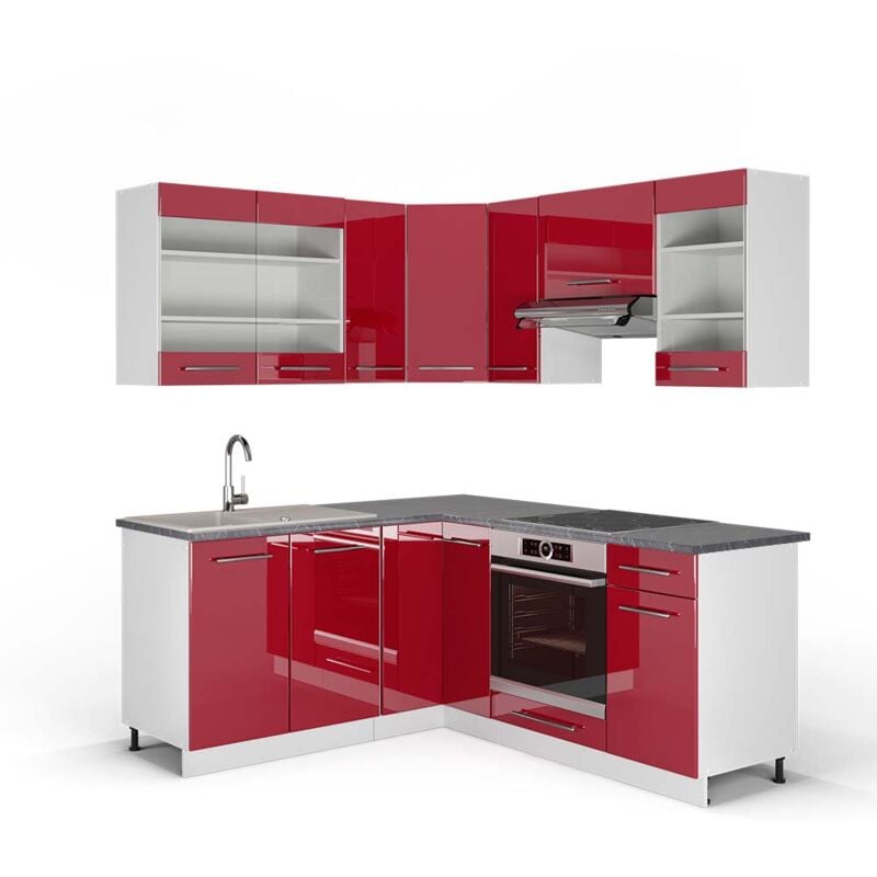 foto del prodotto vicco cucina angolare completa fame line, bordeaux lucido bianco, 160 x 190 cm , pl antracite