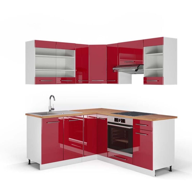 foto del prodotto vicco cucina angolare completa fame line, bordeaux lucido bianco, 160 x 190 cm , pl rovere