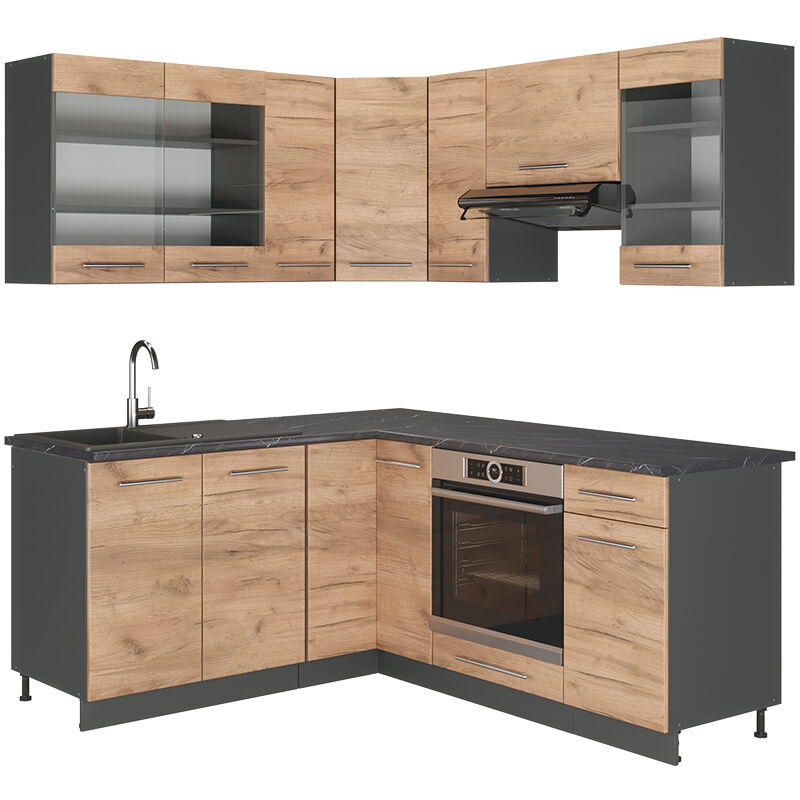 foto del prodotto vicco cucina angolare completa fame line, quercia dorata antracite, 160 x 60 cm senza piano di lavoro