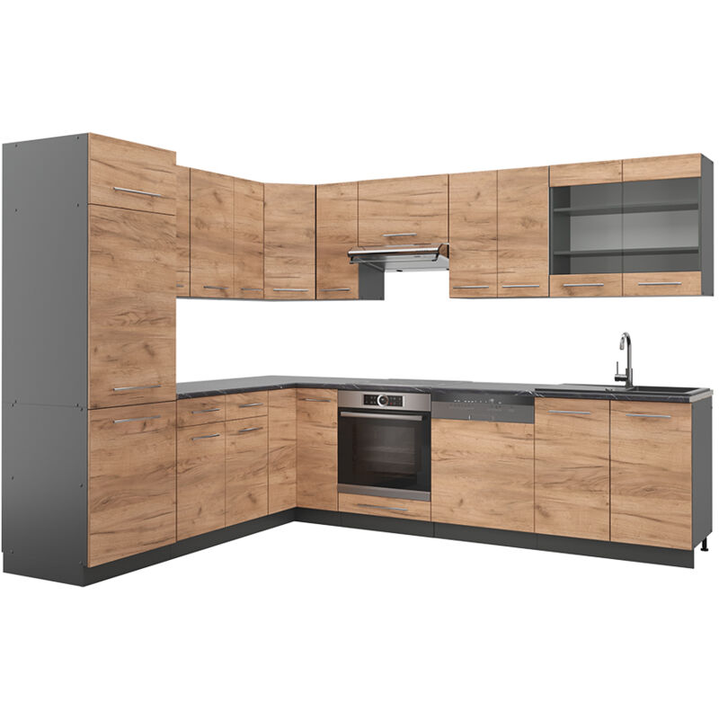 foto del prodotto vicco cucina angolare completa fame line, quercia dorata antracite, 227 x 287 cm , pl antracite